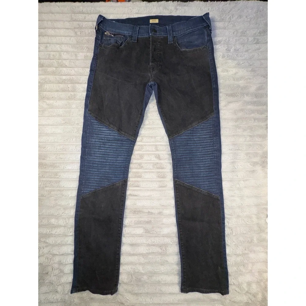 True Religion Mens 38 Rocco Classic Slim Moto Jeans Blue Black Ribbed‎ 36x33